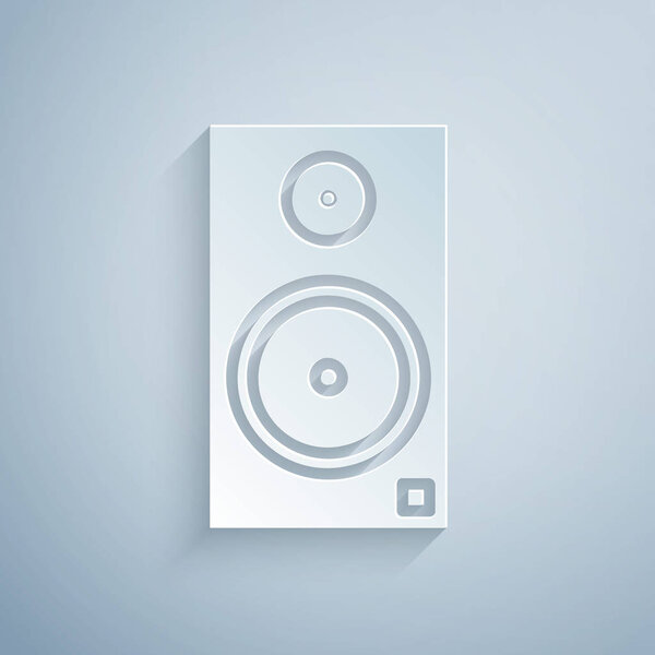 Paper cut Stereo speaker icon isolated on grey background. Sound system speakers. Music icon. Musical column speaker bass equipment. Paper art style. Vector Illustration