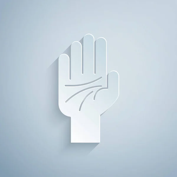 Corte de papel Palmistry del icono de la mano aislado sobre fondo gris. Estilo de arte de papel. Ilustración vectorial — Vector de stock