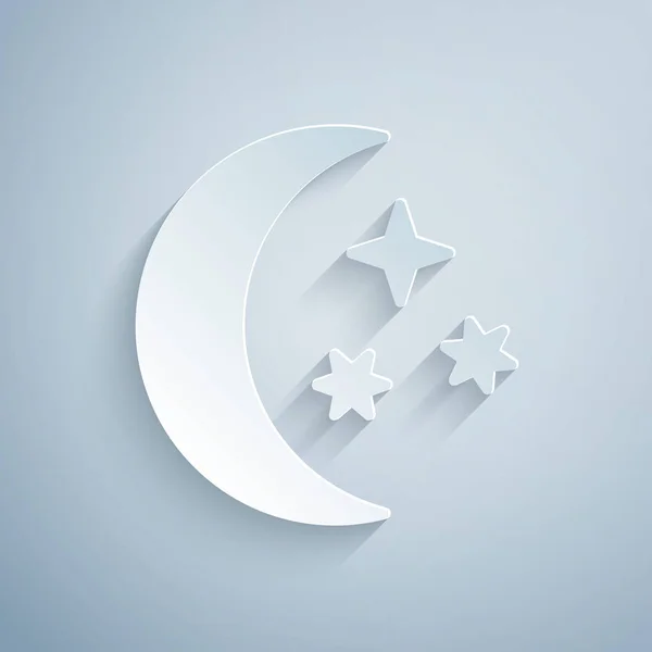 Papier gesneden maan en sterren pictogram geïsoleerd op grijze achtergrond. Papier kunststijl. Vector illustratie — Stockvector