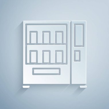 Kağıt kesiği Gri arka planda izole edilmiş yiyecek ve içecek otomatikman satış simgesi. Kağıt sanatı tarzı. Vektör İllüstrasyonu