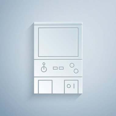 Kağıt kesiği Retro oyun makinesi simgesi gri arkaplanda izole edildi. Kağıt sanatı tarzı. Vektör İllüstrasyonu