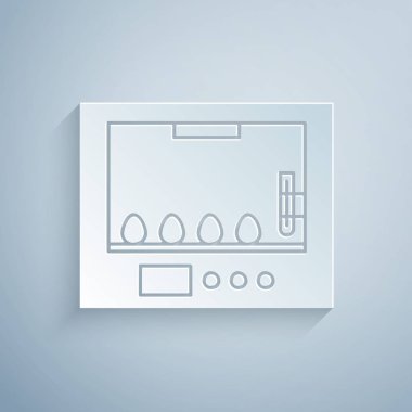 Kağıt kesiği, gri arka planda izole edilmiş yumurta ikonu için kuluçka makinesi. Kağıt sanatı tarzı. Vektör İllüstrasyonu