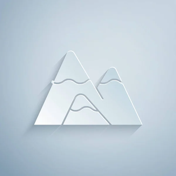Corte de papel Montañas icono aislado sobre fondo gris. Símbolo de victoria o concepto de éxito. Estilo de arte de papel. Ilustración vectorial — Vector de stock