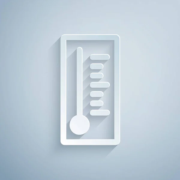 Paper cut Meteorology thermometer measuring heat and cold icon isolated on grey background. Thermometer equipment showing hot or cold weather. Paper art style. Vector Illustration — Stock Vector