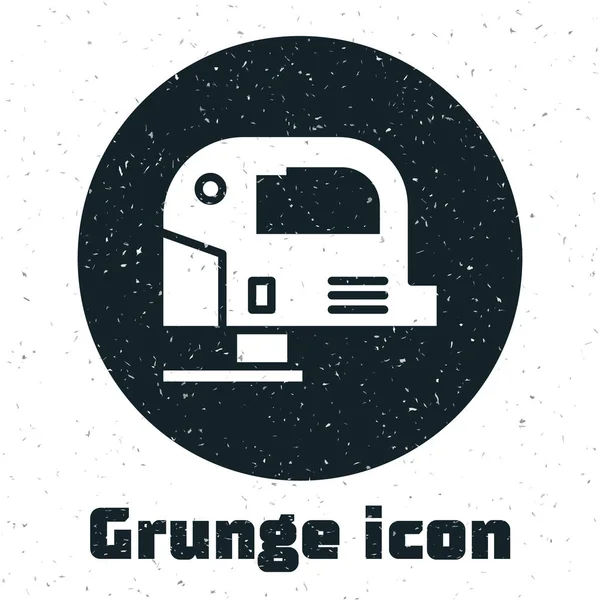 Grunge Electric rompecabezas con icono de hoja afilada de acero aislado sobre fondo blanco. Herramienta eléctrica para carpintería. Ilustración vectorial — Vector de stock