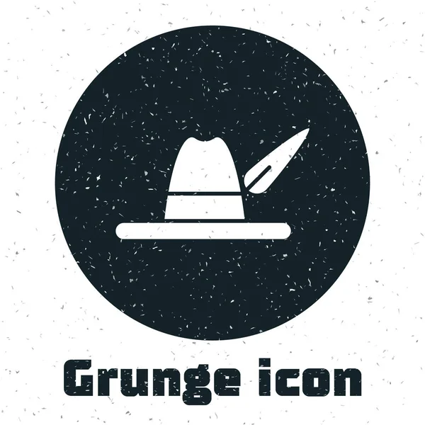 Ikona kapelusza Grunge Oktoberfest odizolowana na białym tle. Kapelusz myśliwego z piórem. Niemiecki kapelusz. Ilustracja wektora — Wektor stockowy
