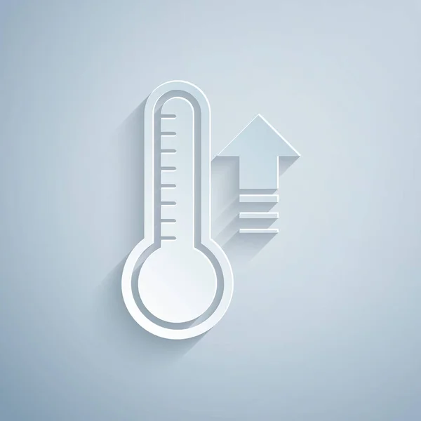 ペーパーカット灰色の背景に隔離された熱と冷たいアイコンを測定する気象温度計。高温または低温を示す温度計機器。紙のアートスタイル。ベクターイラスト — ストックベクタ