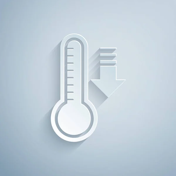 Papier gesneden Meteorologie thermometer meten warmte en koude pictogram geïsoleerd op grijze achtergrond. Thermometer apparatuur toont warm of koud weer. Papierkunst stijl. Vector Illustratie — Stockvector