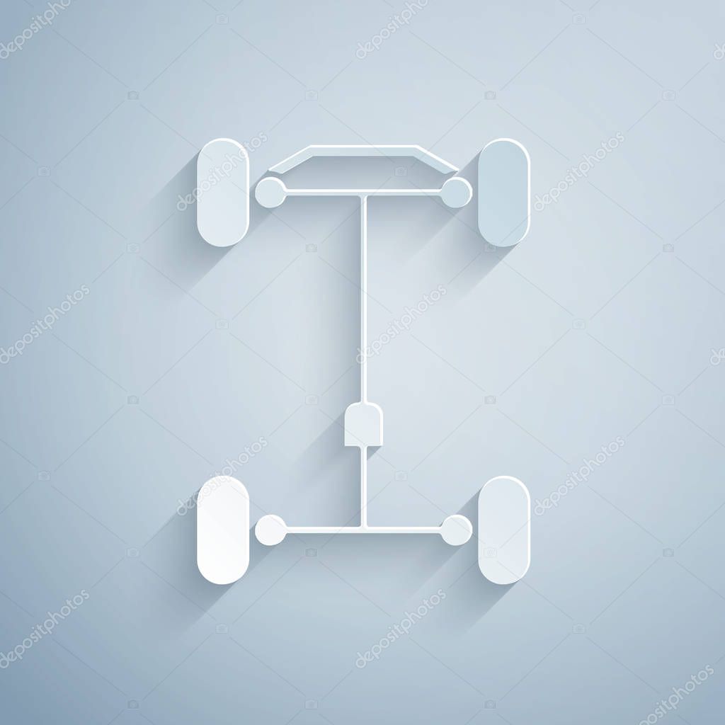 Paper cut Chassis car icon isolated on grey background. Paper art style. Vector Illustration