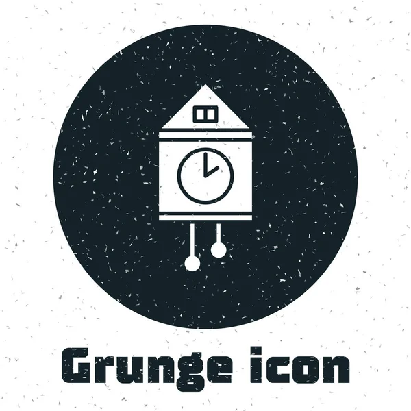 Grunge Retro ícone relógio de parede isolado no fundo branco. Sinal de relógio de cuco. Relógio de pêndulo antigo. Ilustração vetorial — Vetor de Stock