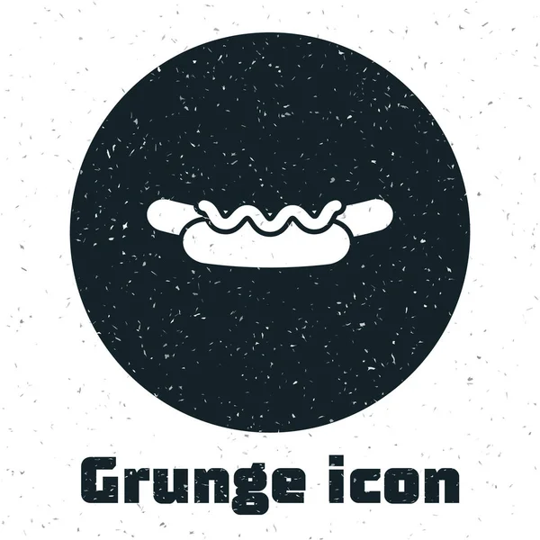 Grunge-Hotdog-Sandwich mit Senf-Symbol auf weißem Hintergrund. Wurst Ikone. Fast-Food-Menü. Vektorillustration — Stockvektor