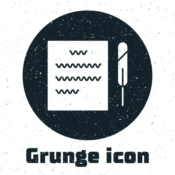 Grunge Feather pen and paper scroll icon isolated on white background. Vector Illustration — 스톡 벡터