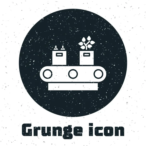 Grunge Conveyor bälte med kartong ikon isolerad på vit bakgrund. Vektor Illustration — Stock vektor