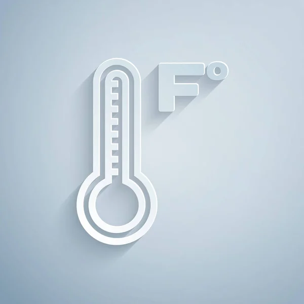 Papier découpé Thermomètre météorologique mesurant la chaleur et le froid icône isolée sur fond gris. Température Fahrenheit. Style art du papier. Illustration vectorielle — Image vectorielle