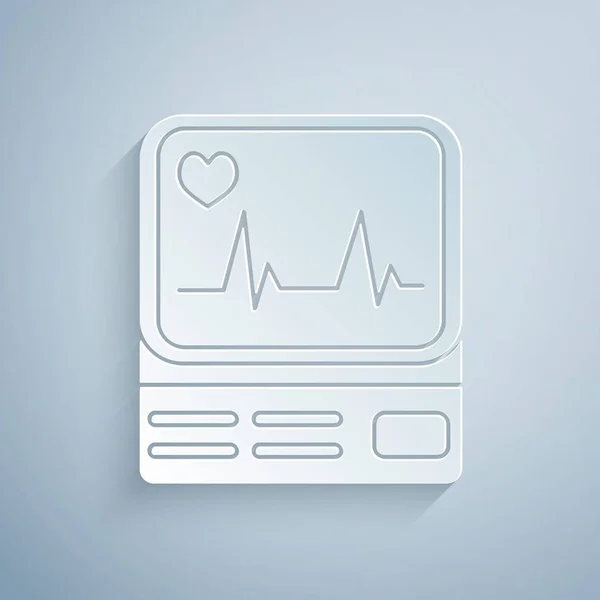 Papiergeschnittener Computermonitor mit Kardiogramm-Symbol auf grauem Hintergrund. Überwachungssymbol. EKG-Monitor mit von Hand gezogenem Herzschlag. Papierkunst. Vektorillustration — Stockvektor