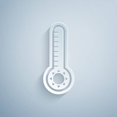 Kağıt kesiği Meteoroloji termometresi ısı ve soğuk ikonu gri arka planda izole ediyor. Termometre termometresi sıcak ya da soğuk hava gösteriyor. Kağıt sanatı tarzı. Vektör İllüstrasyonu
