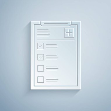 Kağıt gri arka plan üzerinde izole klinik kayıt simgesi ile Tıbbi pano kesti. Sağlık sigortası formu. Reçete, tıbbi kontrol izleri raporu. Kağıt sanat tarzı. Vektör İllüstrasyonu