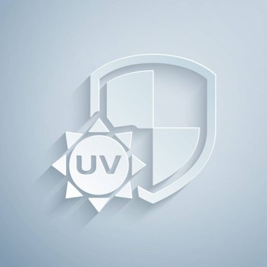 Kağıt kesilmiş Uv koruma simgesi gri arka plan üzerinde izole. Güneş ve kalkan. Ultraviyole ışınları radyasyon. Spf güneş işareti. Kağıt sanat tarzı. Vektör İllüstrasyonu