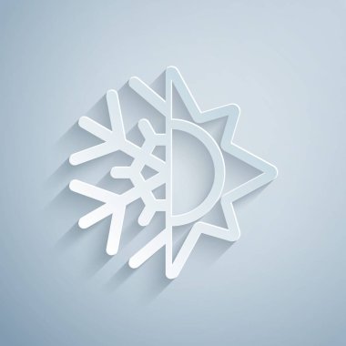 Kağıt sıcak ve soğuk sembolü kesti. Güneş ve kar tanesi simgesi gri arka plan üzerinde izole. Kış ve yaz sembolü. Kağıt sanat tarzı. Vektör İllüstrasyonu