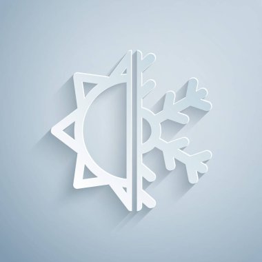 Kağıt sıcak ve soğuk sembolü kesti. Güneş ve kar tanesi simgesi gri arka plan üzerinde izole. Kış ve yaz sembolü. Kağıt sanat tarzı. Vektör İllüstrasyonu