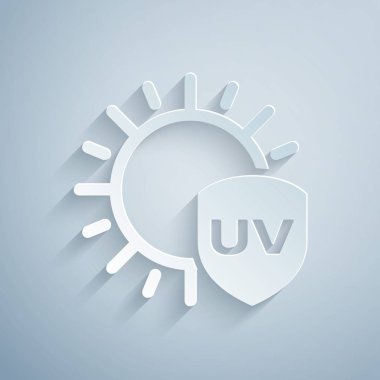 Kağıt kesilmiş Uv koruma simgesi gri arka plan üzerinde izole. Güneş ve kalkan. Ultraviyole ışınları radyasyon. Spf güneş işareti. Kağıt sanat tarzı. Vektör İllüstrasyonu