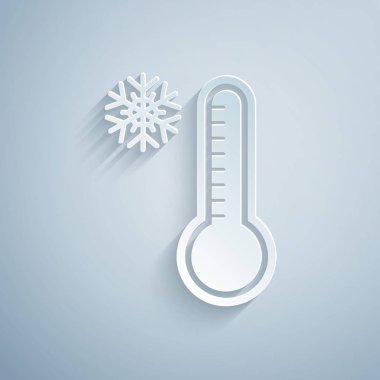 Kağıt kesiği Meteoroloji termometresi ısı ve soğuk ikonu gri arka planda izole ediyor. Termometre termometresi sıcak ya da soğuk hava gösteriyor. Kağıt sanatı tarzı. Vektör İllüstrasyonu