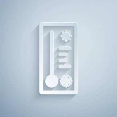 Kağıt kesiği Meteoroloji termometresi ısı ve soğuk ikonu gri arka planda izole ediyor. Termometre termometresi sıcak ya da soğuk hava gösteriyor. Kağıt sanatı tarzı. Vektör İllüstrasyonu