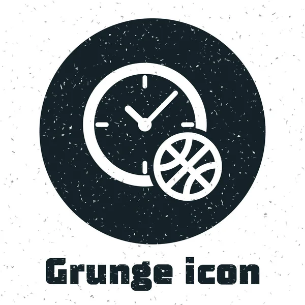 Relógio Grunge com bola de basquete dentro ícone isolado no fundo branco. Hora do basquetebol. Desporto e treino. Ilustração vetorial — Vetor de Stock