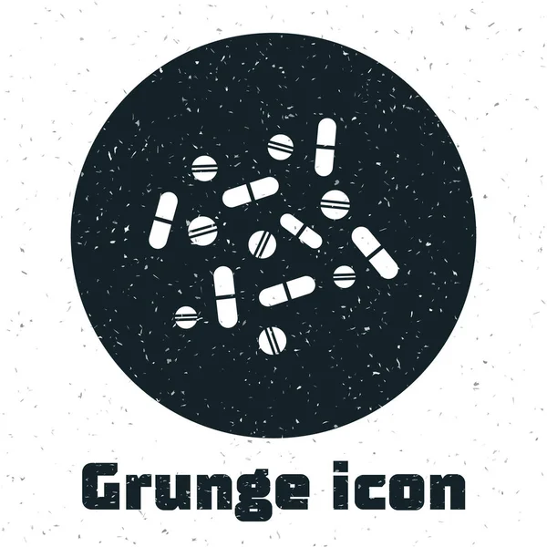 Grunge Medicine píldora o tableta icono aislado sobre fondo blanco. Cápsula de píldora y signo de drogas. Diseño de farmacia. Ilustración vectorial — Archivo Imágenes Vectoriales