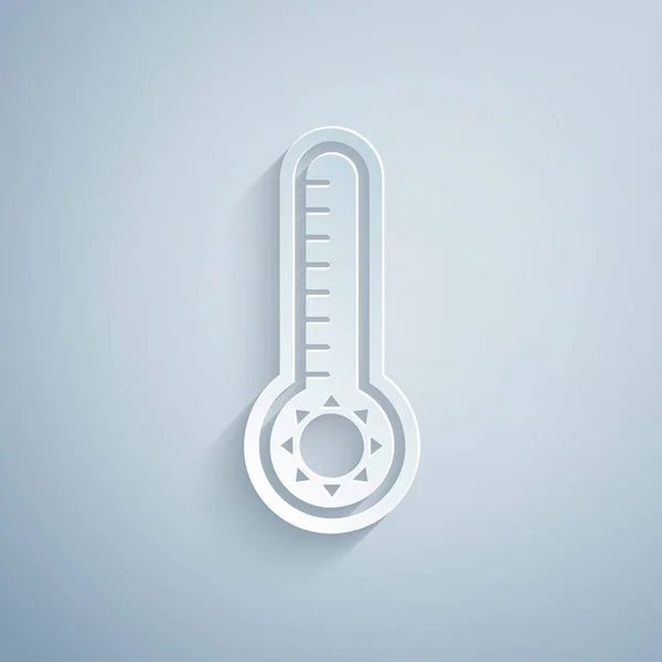 ペーパーカット灰色の背景に隔離された熱と冷たいアイコンを測定する気象温度計。高温または低温を示す温度計機器。紙のアートスタイル。ベクターイラスト — ストックベクタ
