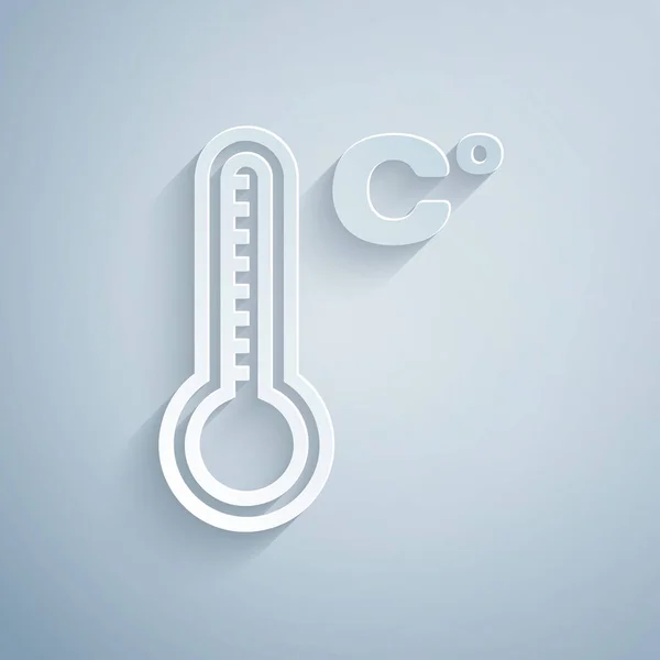 Paper cut Meteorology thermometer measuring heat and cold icon isolated on grey background. Temperature Celsius. Paper art style. Vector Illustration — Stock Vector