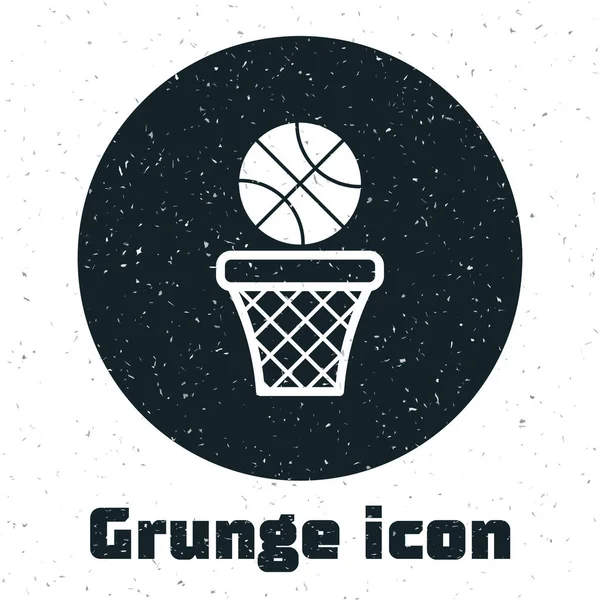 Balón Grunge Baloncesto y canasta icono aislado sobre fondo blanco. Pelota en el aro de baloncesto. Ilustración vectorial — Vector de stock