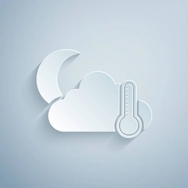 Paper cut Thermometer and cloud with moon icon isolated on grey background. Paper art style. Vector Illustration — 스톡 벡터