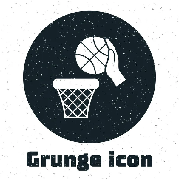 Mano Grunge con pelota de baloncesto y canasta icono aislado sobre fondo blanco. Pelota en el aro de baloncesto. Ilustración vectorial — Vector de stock