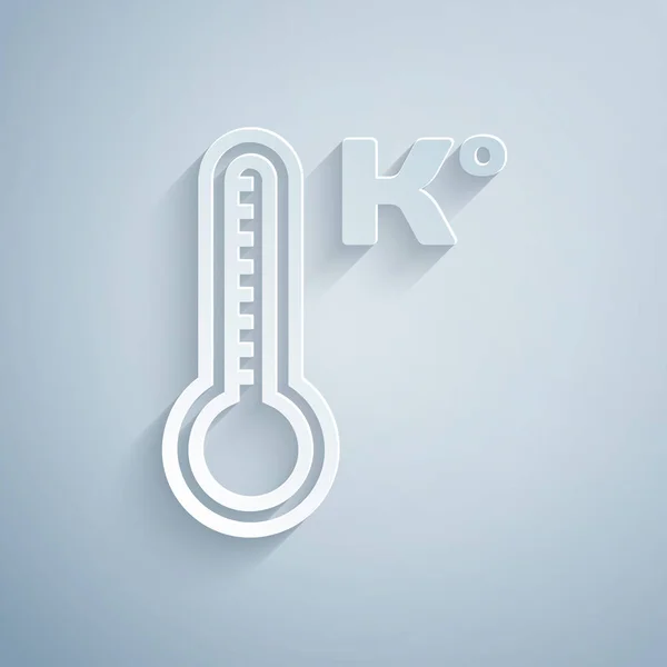 ペーパーカット灰色の背景に隔離された熱と冷たいアイコンを測定する気象温度計。温度ケルヴィン紙のアートスタイル。ベクターイラスト — ストックベクタ