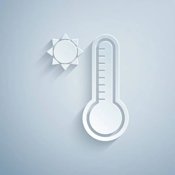 Χαρτί περικοπή Μετεωρολογικό θερμόμετρο μέτρησης θερμότητας και κρύο εικονίδιο απομονώνονται σε γκρι φόντο. Θερμομετρικό εξοπλισμό που δείχνει ζεστό ή κρύο καιρό. Στυλ χάρτινης τέχνης. Εικονογράφηση διανύσματος — Διανυσματικό Αρχείο