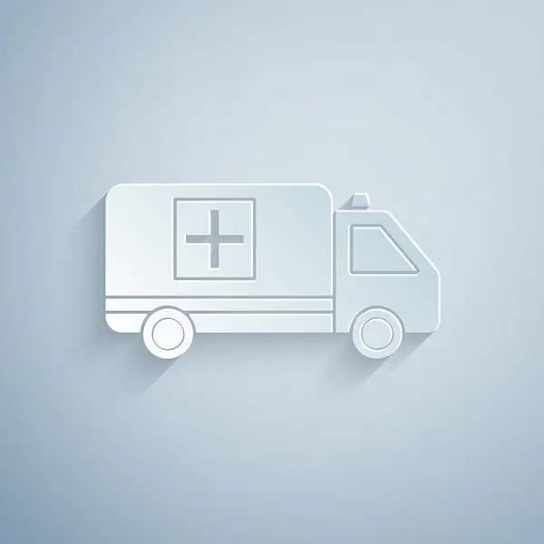 Paper cut Ambulance and emergency car icon isolated on grey background. Ambulance vehicle medical evacuation. Paper art style. Vector Illustration — Stock Vector