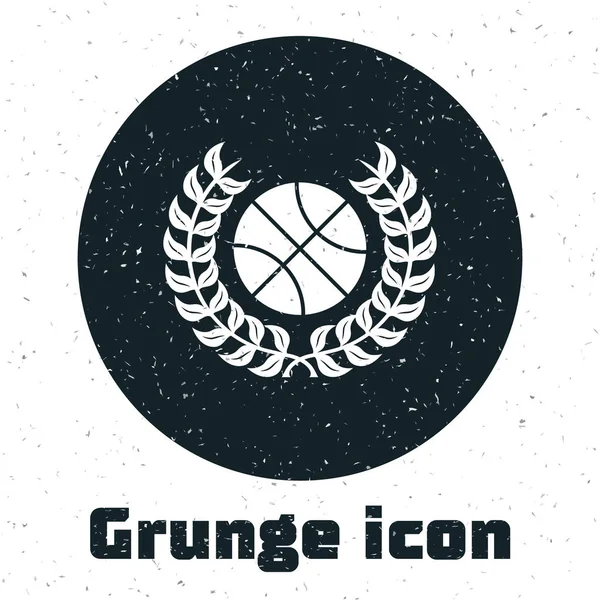 Premio Grunge con icono de pelota de baloncesto aislado sobre fondo blanco. Corona de laurel. Trofeo ganador. Campeonato o trofeo de competición. Ilustración vectorial — Vector de stock