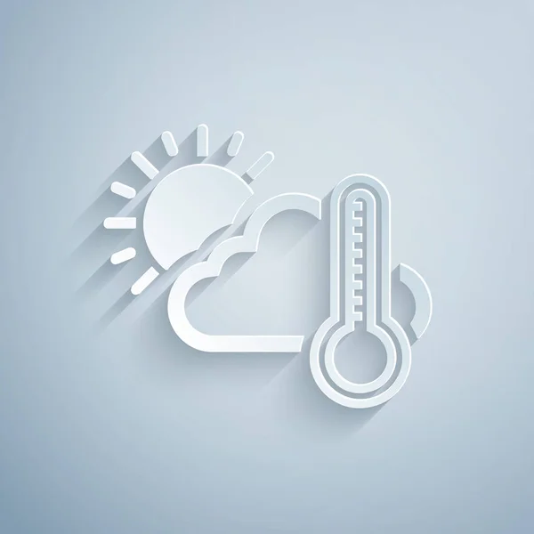 Pappersklipp Termometer och moln med sol ikon isolerad på grå bakgrund. Papperskonst. Vektor Illustration — Stock vektor
