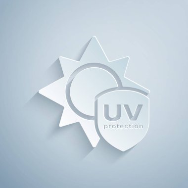 Kağıt kesilmiş Uv koruma simgesi gri arka plan üzerinde izole. Güneş ve kalkan. Ultraviyole ışınları radyasyon. Spf güneş işareti. Kağıt sanat tarzı. Vektör İllüstrasyonu