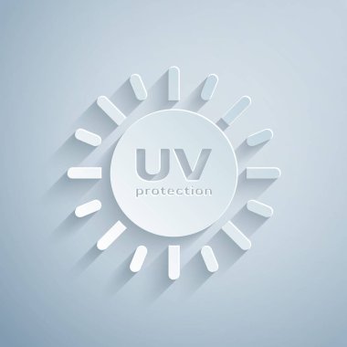 Kağıt kesilmiş Uv koruma simgesi gri arka plan üzerinde izole. Ultraviyole ışınları radyasyon. Spf güneş işareti. Kağıt sanat tarzı. Vektör İllüstrasyonu