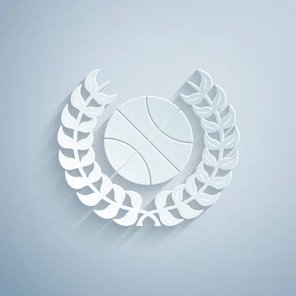 Paper cut Award with basketball ball icon isolated on grey background. Laurel wreath. Winner trophy. Championship or competition trophy. Paper art style. Vector Illustration — 스톡 벡터