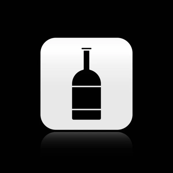 Icono de la botella de cerveza negra aislado sobre fondo negro. Botón cuadrado plateado. Ilustración vectorial — Vector de stock