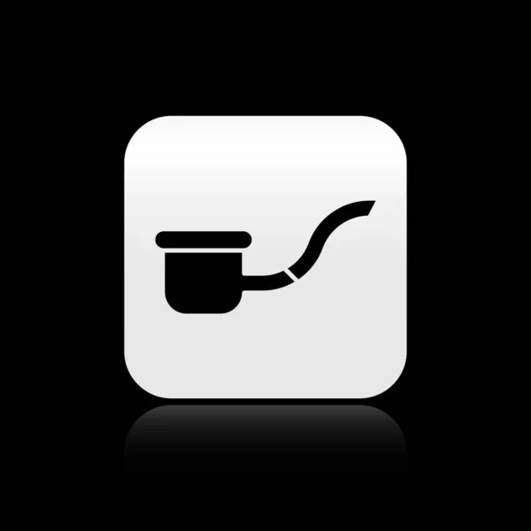 Black Smoking pipe with smoke icon isolated on black background. Tobacco pipe. Silver square button. Vector Illustration — 스톡 벡터