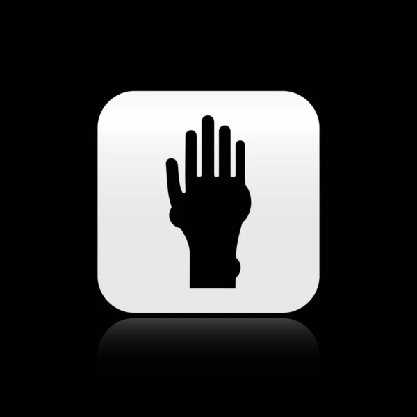 Black Hand with psoriasis or eczema icon isolated on black background. Concept of human skin response to allergen or chronic body problem. Silver square button. Vector Illustration — Stock Vector