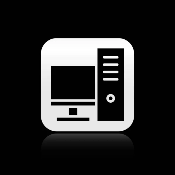 Icono de monitor de ordenador negro aislado sobre fondo negro. Signo de componente PC. Botón cuadrado plateado. Ilustración vectorial — Vector de stock