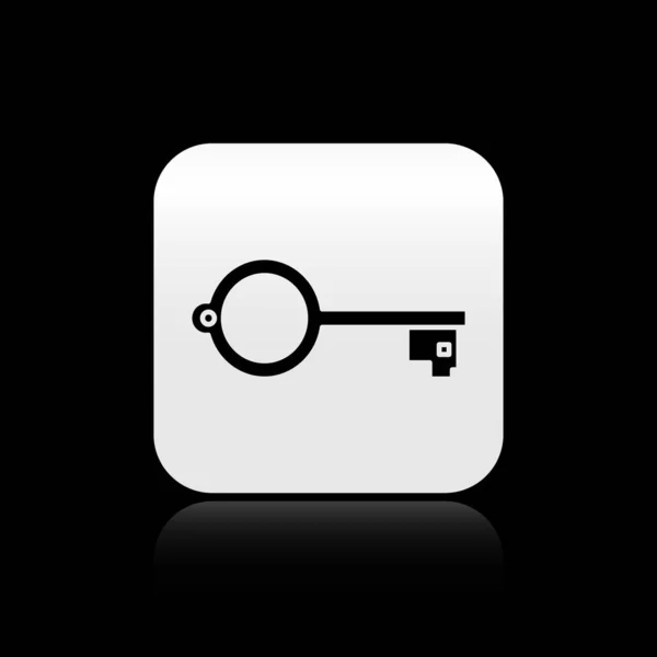 Schwarzer alter Schlüssel für das Spielsymbol isoliert auf schwarzem Hintergrund. Silberner quadratischer Knopf. Vektorillustration — Stockvektor