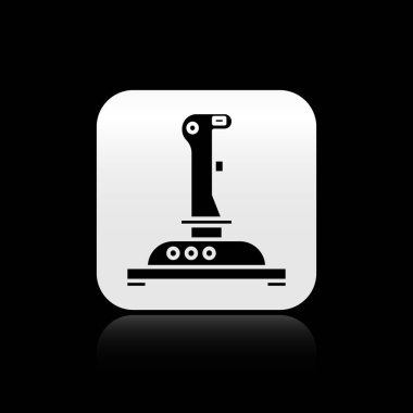 Siyah arka planda izole edilmiş atari makinesi simgesi için siyah Joystick. Joystick oyun alanı. Gümüş kare düğme. Vektör İllüstrasyonu
