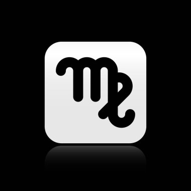 Siyah arka planda kara başak burcu simgesi izole edildi. Astrolojik yıldız falı koleksiyonu. Gümüş kare düğme. Vektör İllüstrasyonu