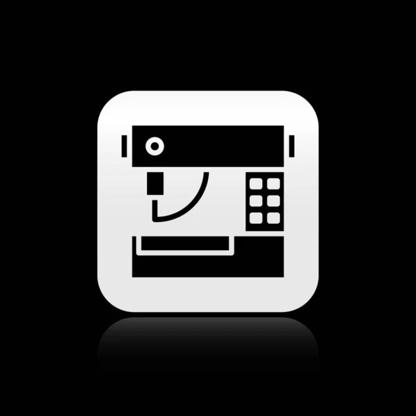 Black Sewing machine icon isolated on black background. Silver square button. Vector Illustration — 스톡 벡터